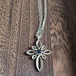 Silpada Silver Floral Cross Necklace with Blue Stone